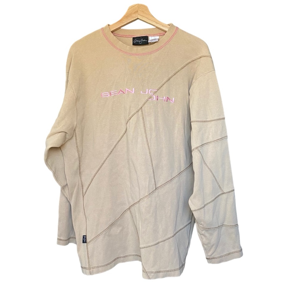 2000s Sean John Cream Pink Embroidered Pullover Sweatshirt Crewneck Mens XL